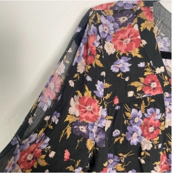 Peplum Top Floral V Neck Tie Drawstring Hipster Hippie Trendy Pullover Blouse - Picture 4 of 7